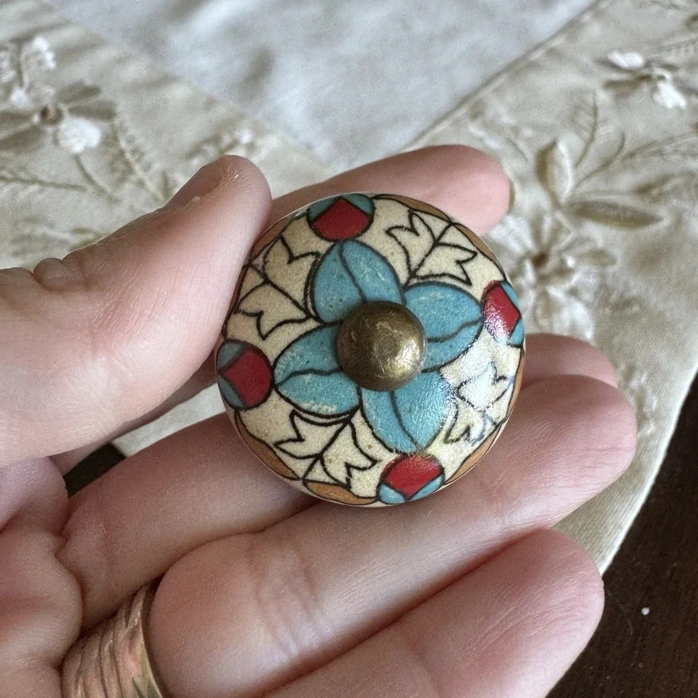 Bohemian White Ceramic Knob Pull ~ Blue Flowers Red Accent & Metal Button Center